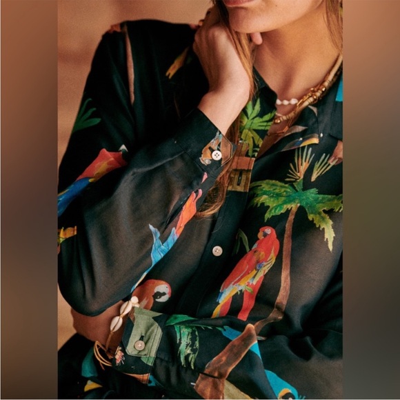 SEZANE x G. Kero Black Tropical Button Down Pierro Shirt Sz 34/XS/ US 2 - Picture 3 of 11